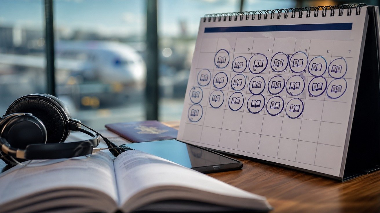 Uma visão de perto de um calendário de parede, com vários dias circulados e marcados com ícones de estudo, simbolizando o planejamento e a passagem do tempo para aprender inglês.